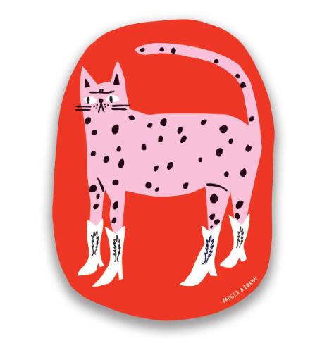 A fun, western-themed sticker featuring a spotted cat in white cowboy boots.