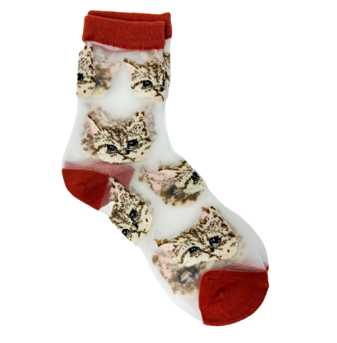 A red mesh sock with a fun pattern of white cat faces, an excellent accessory for any casual outfit.