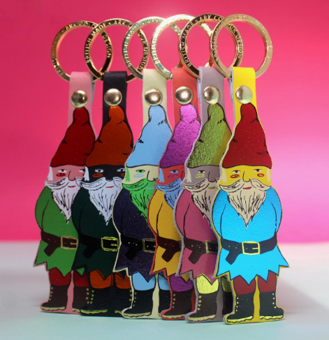A 100% genuine leather gnome keyring with a gold plated ring, made by Ark Colour Design.