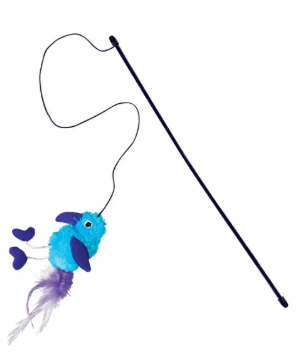Engage your cat in interactive play with the blue Kong Teaser Feather Assorted Cat Toy by Pet Palette Distribution, featuring bright feathers and a crinkle sound.
