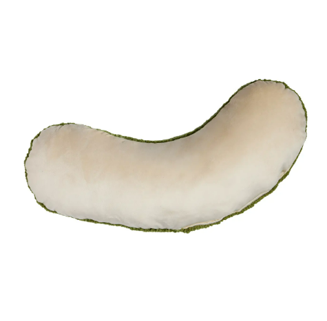 Playful pickle-shaped throw pillow with a handcrafted wool hooked front and soft poly velvet backing.
