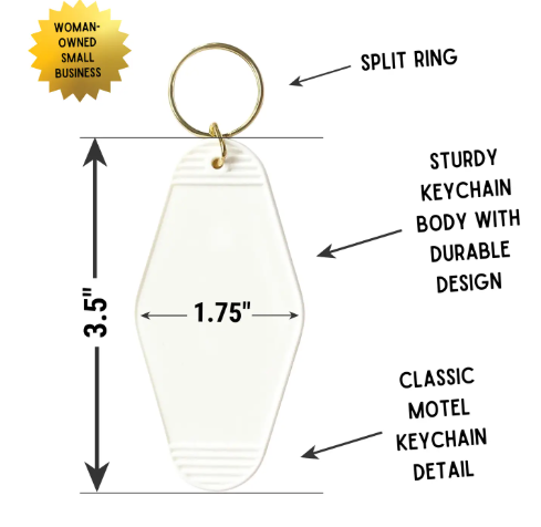 A graphic image detailing the specifications of the motel keychain, including the 3.5" x 1.75" size, split ring, and durable design.