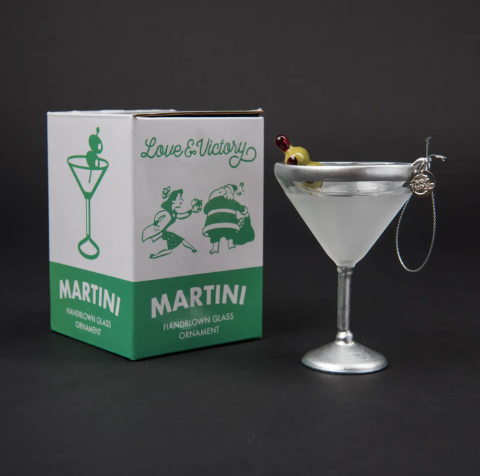 The stylish Love & Victory Martini Cocktail Ornament next to its retro-designed gift box.