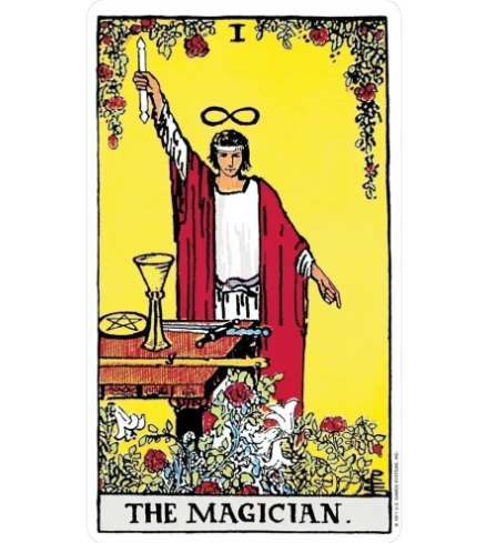 Discover profound insight with The Magician card from the Rider-Waite Tarot Deck by U.S. Games Systems Inc., displaying traditional ritual elements and blooming floral borders.