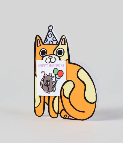 An illustrated children's birthday card with a cute cat holding a mini birthday message from a mouse.