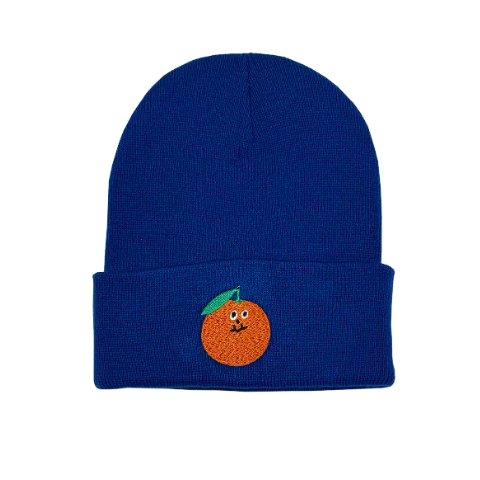 Kristina Micotti embroidered Orange Beanie, a cozy blue knit hat featuring a playful citrus character design made in San Jose, CA.