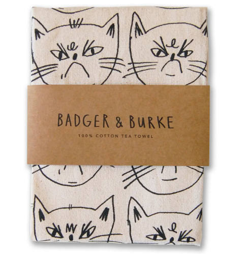 Badger & Burke Snitty Kitty 'Life is Beautiful' tea towel with funny grumpy cat illustrations.