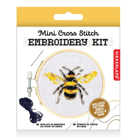 The retail packaging for the Bee Mini Cross Stitch Embroidery Kit, highlighting the contents included for easy stitching.