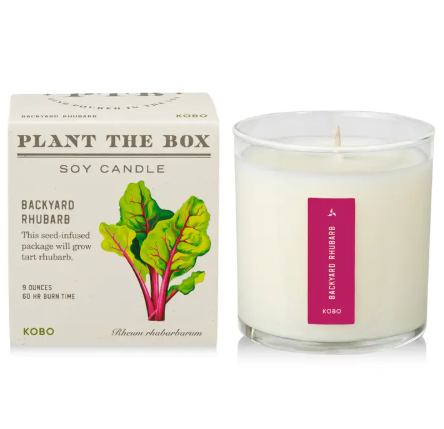 Celebrate sustainable living with the KOBO Backyard Rhubarb Plant the Box Candle, a tart, garden-fresh scented candle featuring a plantable box that gives back to the earth.