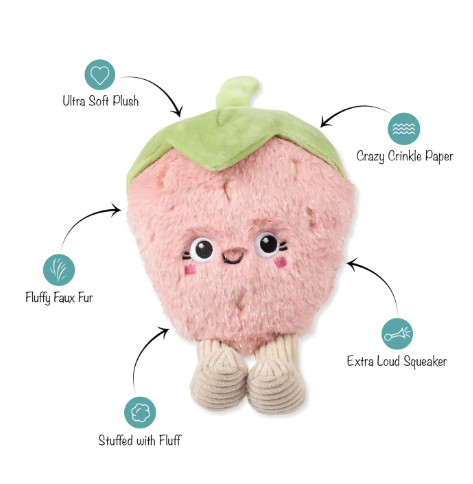Discover the exciting features of the Youre My Jam Plush Dog Toy by Petshop by Fringe Studio, highlighting its fluffy faux fur, squeaker, and crinkle paper.