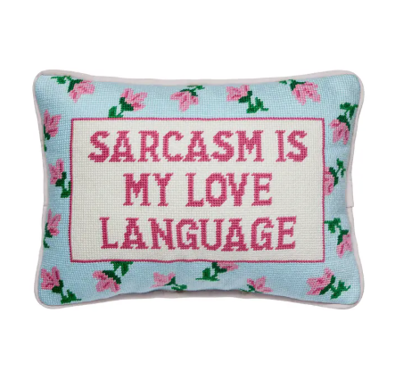 A close-up view of the intricate needlepoint embroidery and playful typography on the Sarcasm's My Love Embroidered Pillow by Peking Handicraft.