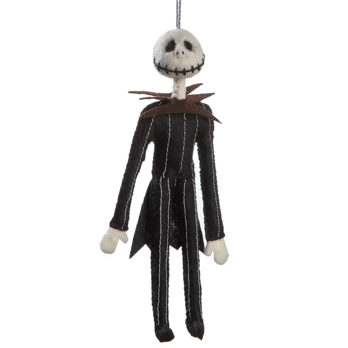Close-up of the handmade felt Jack Skellington Ornament featuring intricate stitching details
