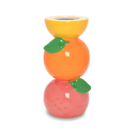 A vibrant hand-painted ceramic vase by Ban.do featuring a stacked citrus fruit design with bright orange and green colors.