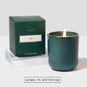The Taiga candle by Little Torch, presented in a deep, forest-green vessel and box, illuminated to reflect the serene and aromatic beauty of a starlit winter forest.