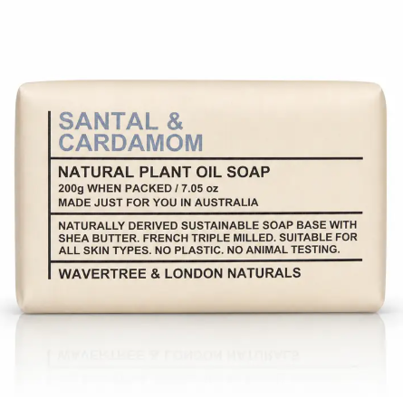 Clean and sustainable packaging of the Santal & Cardamom natural soap bar by Wavertree & London.