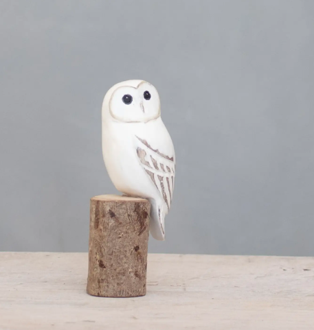 Aviologie Hand Carved Wooden Mini Barred Owl White highlights its adorable size and exquisite craftsmanship, making it a unique and cherished piece for any interior.