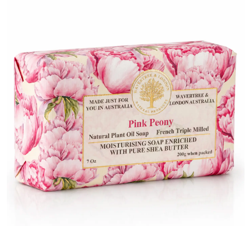 Showcase the Pink Peony Luxury Soap Bar by Wavertree & London, elegantly wrapped in pink floral paper with a gold-stamped label.