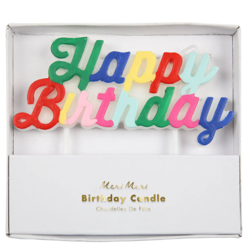 A high-quality 4-inch birthday cake topper spelling out Happy Birthday in a rainbow of colors.