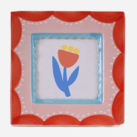 ChagoArt Red Scallop ceramic photo frame with a vibrant red hand-painted border on white stoneware.