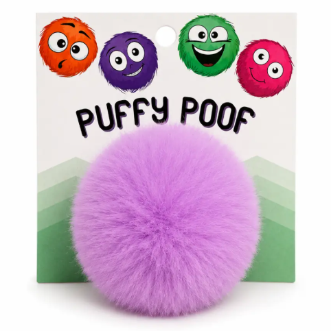 Bring vibrant fun to playtime with the Puffy Poof Cat Toy by Koira, featuring a bright purple fluffy plush ball design.