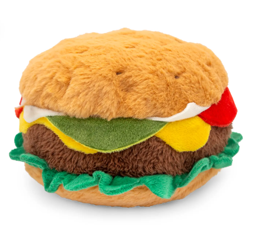 ThoozyPet cheeseburger toy for dogs, showing the soft multi-textured plush surface and colorful fast food design.