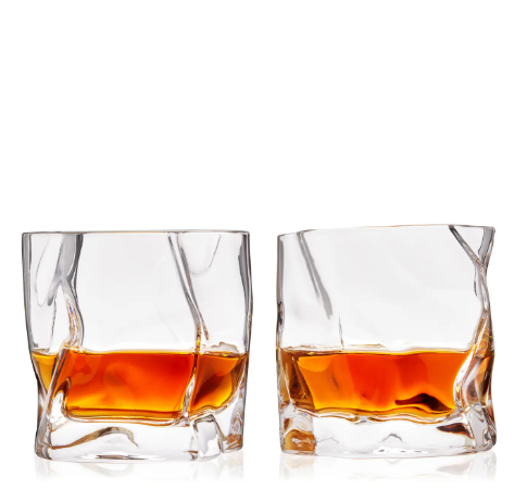 Lead-free crystal lowball glasses with a modern, sculptural crumpled texture.