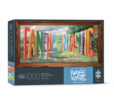 A premium 1000 piece artist series puzzle by Fred & Friends featuring Fanfuckintastic, vibrant artwork and a high-quality anti-glare finish.