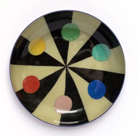 A round enamel tray featuring Benson's 1868 color hexagon diagram, perfect for holding small rings.