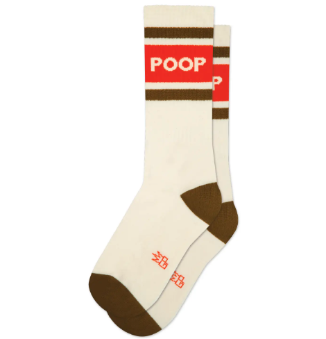 Flash a bit of cheeky humor with the Poop Gym Crew Socks by Gumball Poodle, featuring a retro cream-white athletic design accented by brown stripes and an orange band.