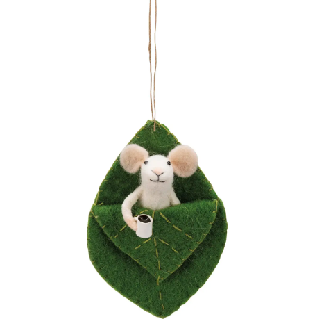 Felt Mouse in Leaf Sleeping Bag Ornament