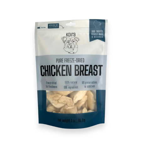 A bag of Koira freeze-dried chicken breast treats showing real, high-quality pieces of white meat chicken.