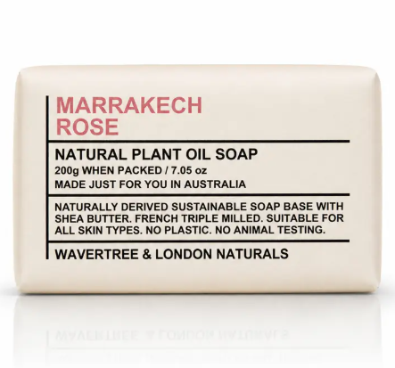 Premium wrapped Marrakech Rose natural plant oil soap bar by Wavertree & London featuring soft pink label typography.