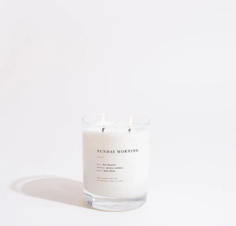 A double-wicked Sunday Morning candle, providing a long 70-hour burn time with notes of jasmine and bergamot.