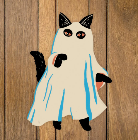 Elevate your interior style with the Phantom Cat Cutout Wall Decoration by Zander Mack, featuring retro feline art displayed against a rustic wood background.