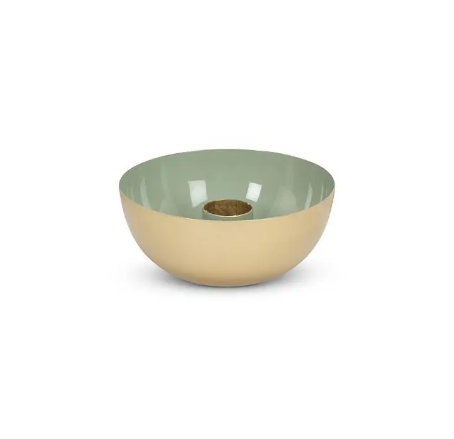 Modern metal taper candle holder featuring a sophisticated green interior and gold metallic base.