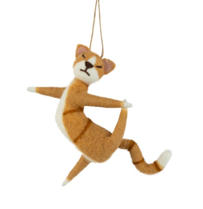 The whimsical Silver Tree Dancing Cat Felt Ornament performing a perfect ballet pose on a thread.