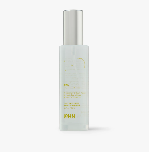 The LOHN Zima Bergamot & Black Tea Mist bottle with its metal cap and sprayer, standing elegantly, showcasing its simple and refined design.