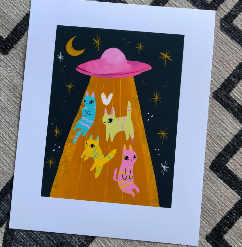 A vibrant art print featuring the Space Invader Cats, they are so mysterious, strange and amazing that sometimes I think they must of come down from space to invade our hearts.