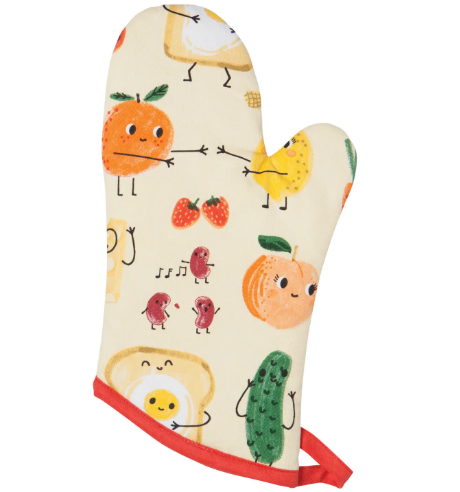 A playful and functional kitchen mitt with a fun "Funny Food" pattern.