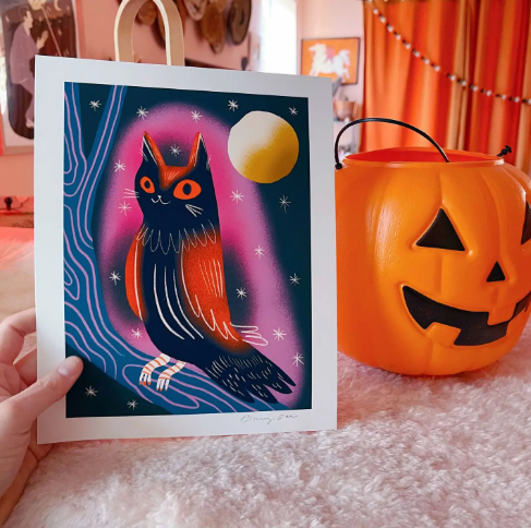 An 8x10 art print of a Black Owl Cat ready for Halloween in a classic illustration style.