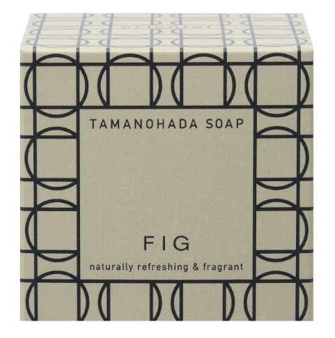 Elegant patterned box packaging for Tamanohada fig round soap by Ameico featuring modern geometric framing.