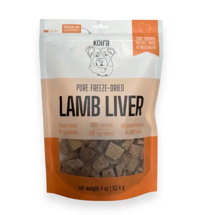 A 1.2 oz bag of Koira freeze-dried lamb liver treats featuring real, nutrient-dense pieces of premium lamb.