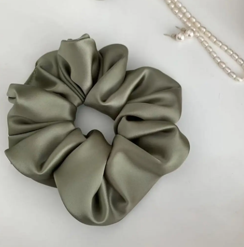 Close-up of the Oversized Satin Scrunchie showcasing its smooth satin texture and luxurious design - Green