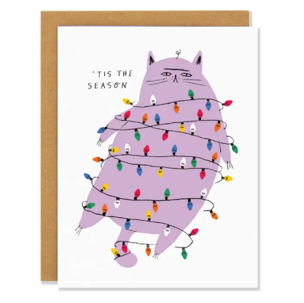 The 'tis the Season greeting card, showing a grumpy purple cat wrapped in bright Christmas lights.