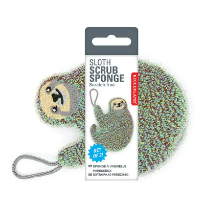 Whimsical sloth-themed nylon scrubbers by Kikkerland Design Inc, perfect for safe cleaning of all dinnerware.