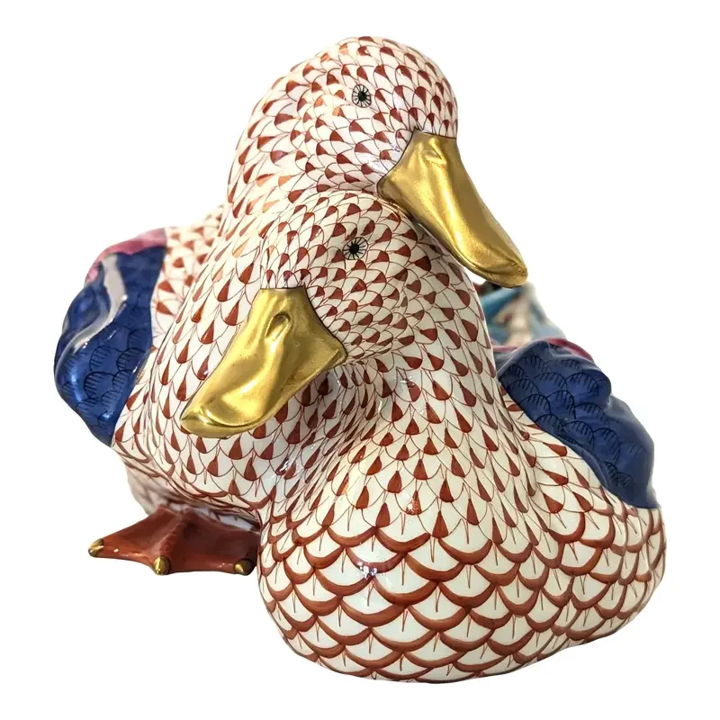 Herend Porcelain Ducks | Rust Fishnet with Gold Gilding