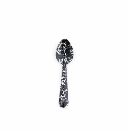 A sleek black and white splatter enamelware small spoon by Crow Canyon Home, designed to blend durability with modern aesthetic appeal.