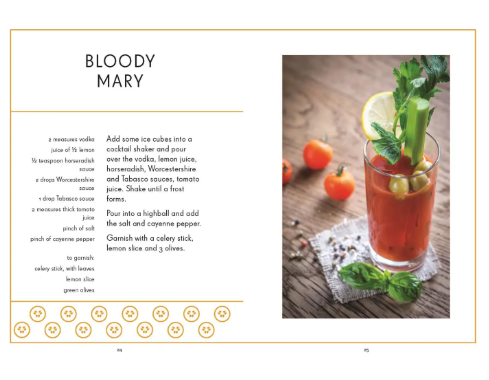 Interior page of a cocktail recipe book showing the ingredients and method for a classic Bloody Mary.