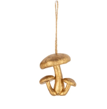 A whimsical forest-themed gold mushroom ornament, perfect for creating an enchanted look on a Christmas tree - three mushrooms