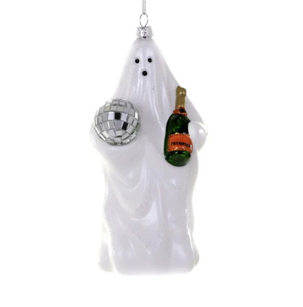 A white glass ghost ornament holding a champagne bottle and a disco ball, hanging from a silver cord.